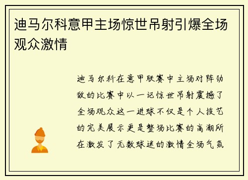 迪马尔科意甲主场惊世吊射引爆全场观众激情